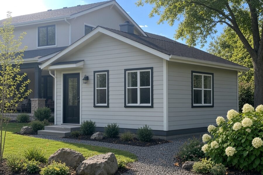 Finished backyard accessory dwelling unit with beige lap siding and dark trim