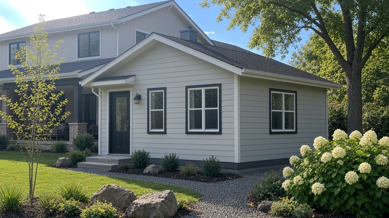 Finished backyard accessory dwelling unit with beige lap siding and dark trim
